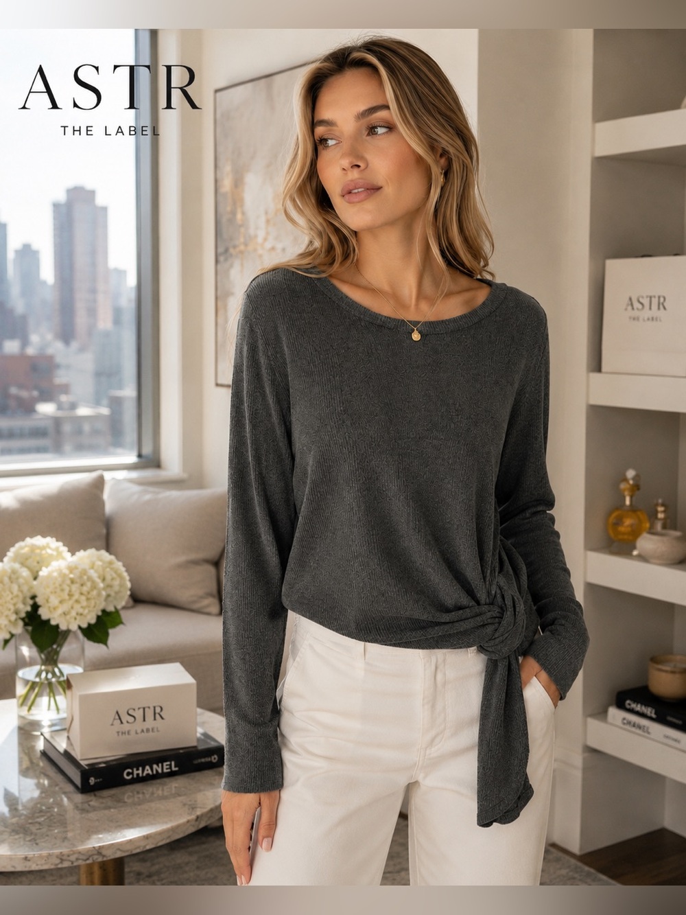 Astr Charcoal Long Sleeve Blouse